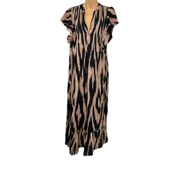 Maeve Cassandra Maxi Dress Flutter Sleeve Ruffle Hem Black Tan Womens Size XL - Picture 5 of 7